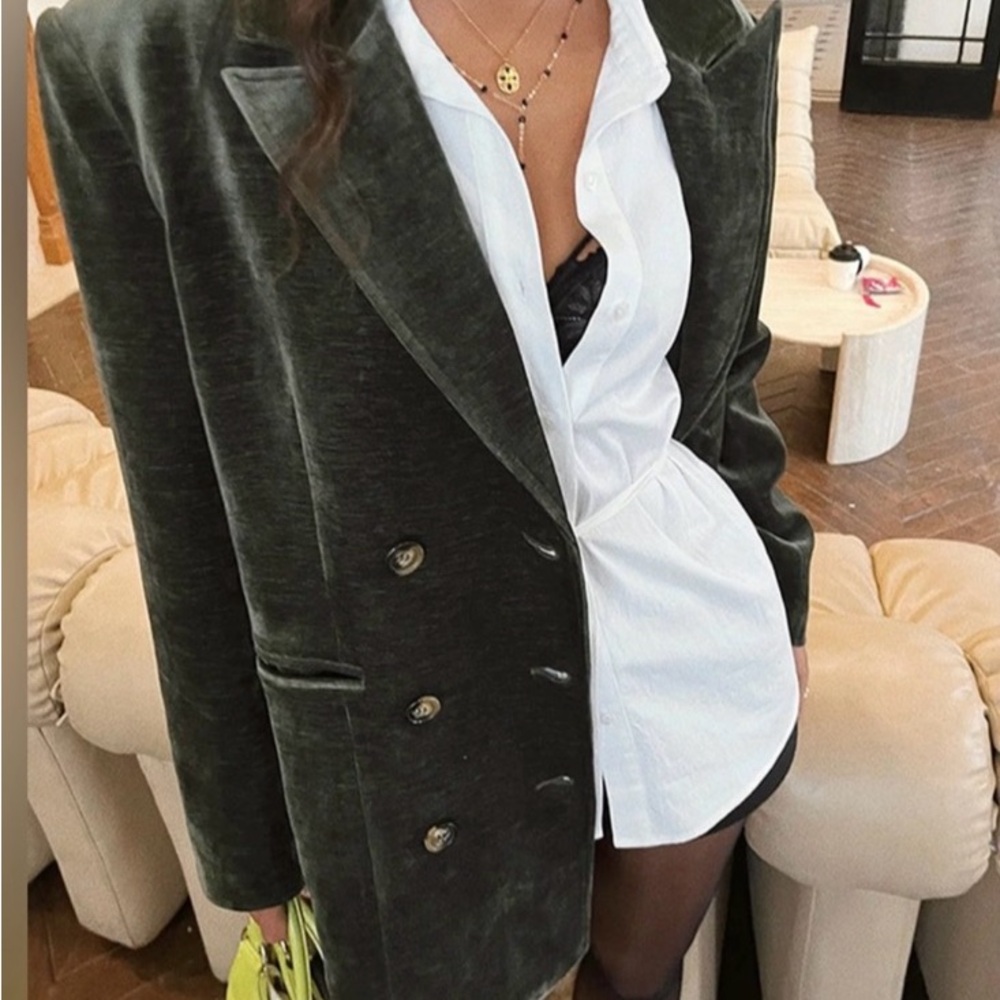 Commense Olive Green Velvet Double-Breasted Blazer - Picture 3 of 5